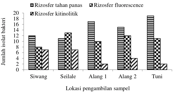 Gambar 4  Jumlah jenis isolat bakteri rizosfer pada lokasi pengambilan sampel 