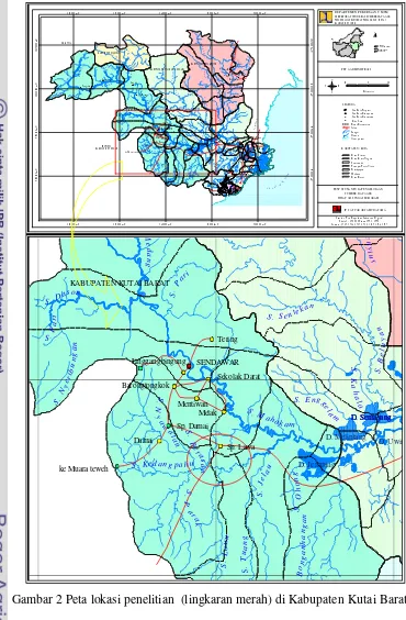Gambar 2 Peta lokasi penelitian  (lingkaran merah) di Kabupaten Kutai Barat 