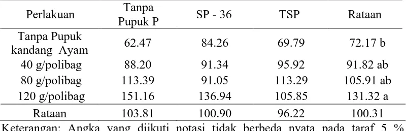 Tabel 6. Rataan P - Total Tanah (ppm) dengan Perlakuan Pupuk Kandang Ayam dan Beberapa Sumber P   Tanpa  