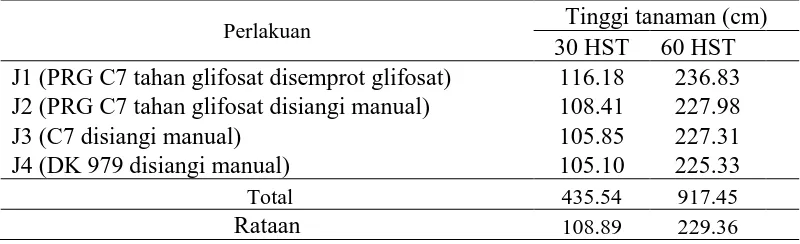 Tabel 2. Tinggi tanaman (cm) beberapa genotip dan varietas jagung dengan  metode pengendalian gulma umur 30 dan 60 HST 