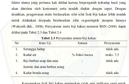 Tabel 2.3 Persyaratan umum biji kakao 