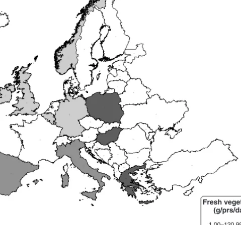 Fig. 2.6 Availability of fresh vegetables, in 12 DAFNE countries, around 1990 (g/person/day)