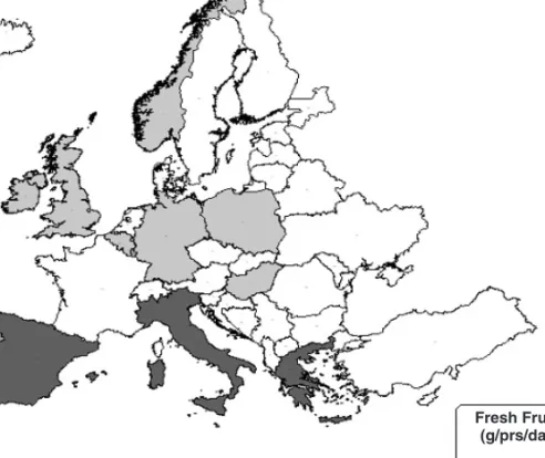 Fig. 2.7 Availability of fresh fruits, in 12 DAFNE countries, around 1990 (g/person/day).