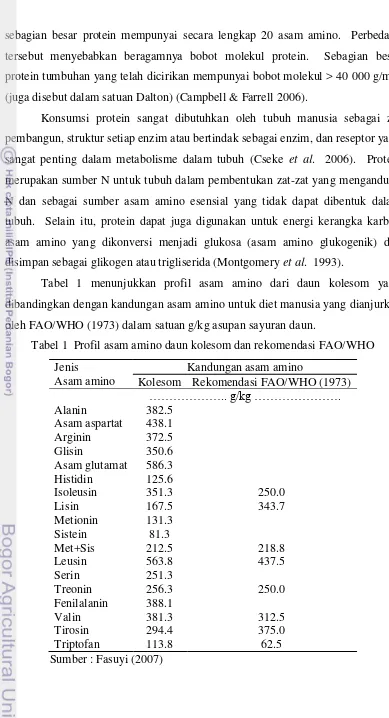 Tabel 1  Profil asam amino daun kolesom dan rekomendasi FAO/WHO 