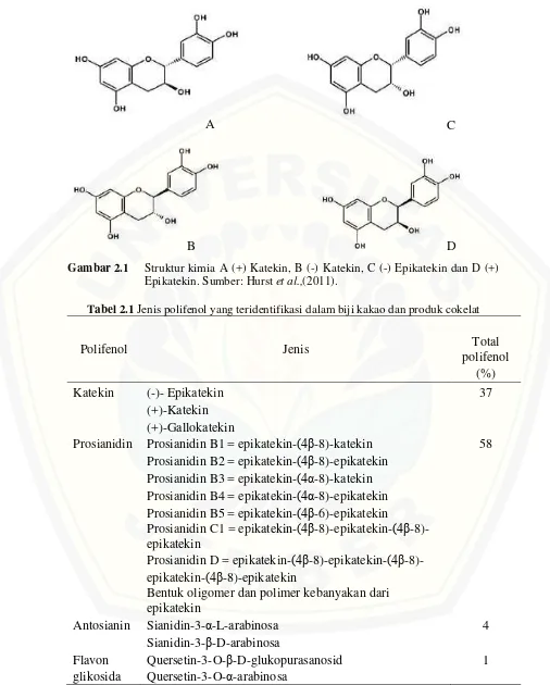 Gambar 2.1 Struktur kimia A (+) Katekin, B (-) Katekin, C (-) Epikatekin dan D (+) 