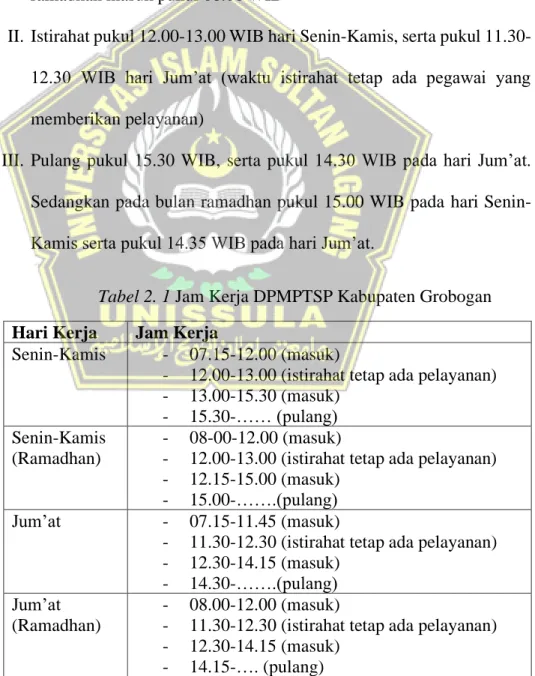 Tabel 2. 1 Jam Kerja DPMPTSP Kabupaten Grobogan Hari Kerja  Jam Kerja 