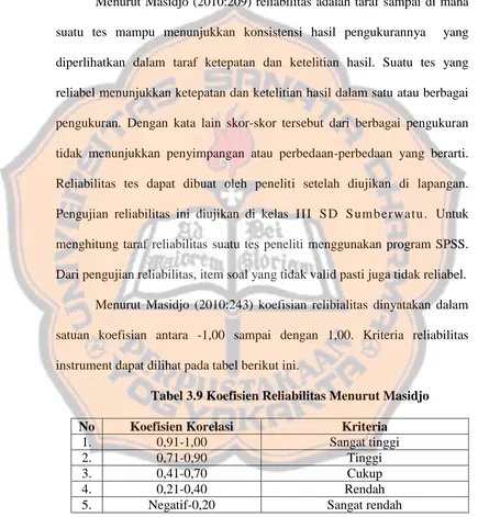 Tabel 3.9 Koefisien Reliabilitas Menurut Masidjo 