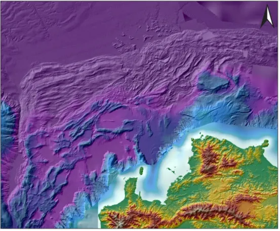 Figure 9: Bathymetric image of north-western sector of North Sulawesi Fold &amp; Thrust Belt; 