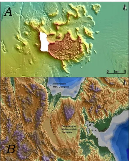 Figure 10: Evidence of extension in and around Gorontalo  Bay. (A) Bathymetric image of prominent submerged carbonate  complex, Gorontalo Bay