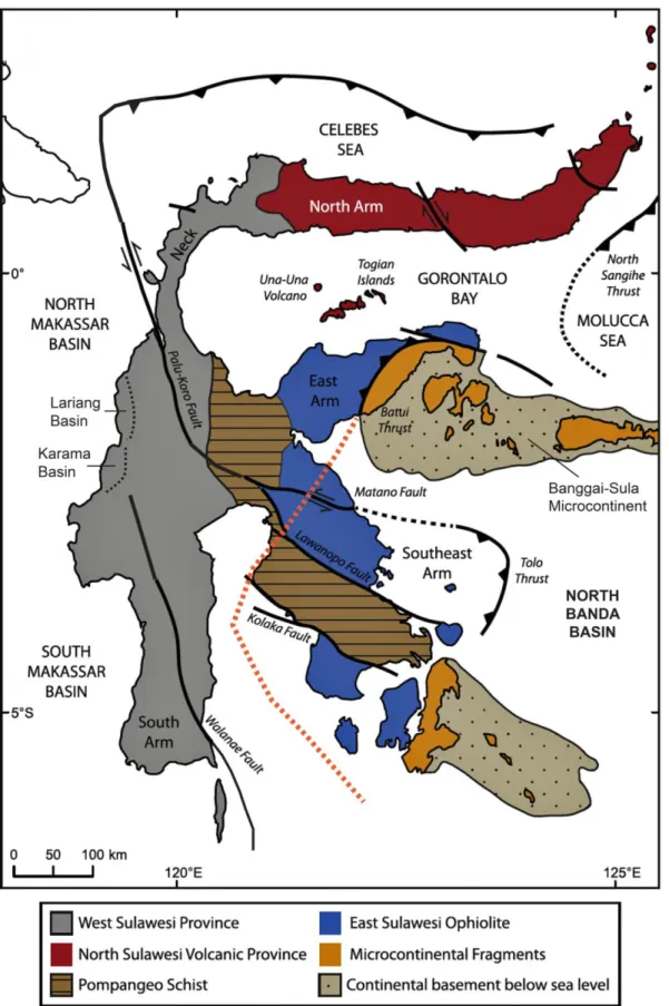Figure  2: Major  geological units  and faults  of  Sulawesi  (modified  after  White  et  al.,  2014)