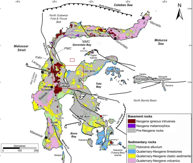 Figure 3: Simplified geological map of Sulawesi with major structures and litho-tectonic units  indicated (modified after Nugraha and Hall, 2018)