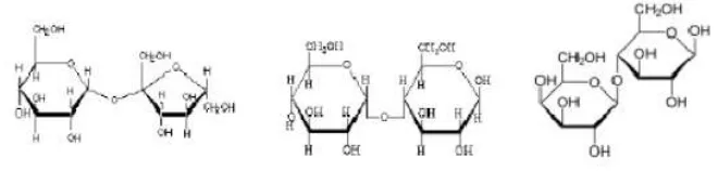 Gambar 2.1. Struktur molekul glukosa, fruktosa, dan galaktosa (dari kiri ke kanan)   Sumber : Mayer (1996) 
