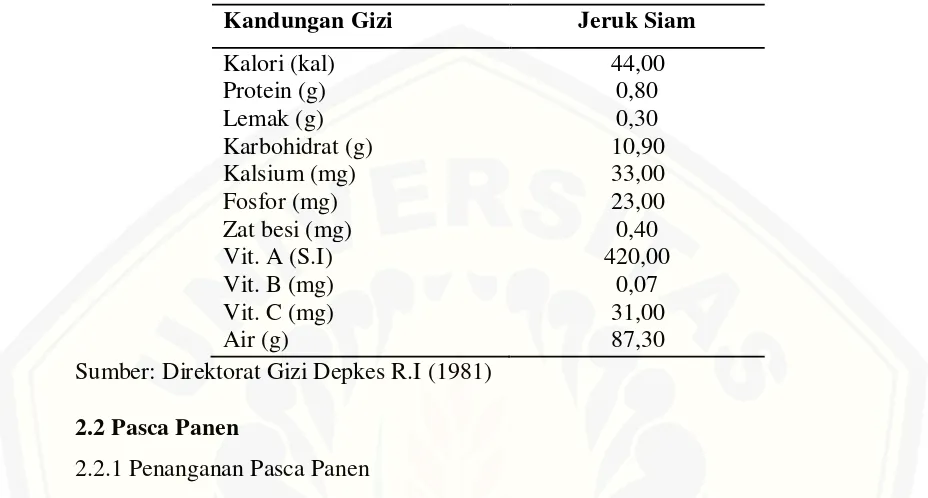 Tabel 2.1 Kandungan gizi jeruk siam setiap 100gram jeruk segar 