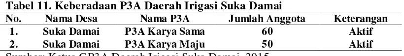 Tabel 11. Keberadaan P3A Daerah Irigasi Suka Damai 