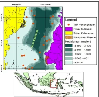 Gambar 1. Peta daerah penangkapan ikan hiu yang didaratkan di Kabupaten Majene, Sulawesi  Barat 