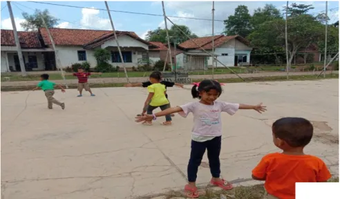 Gambar 4. Anak sedang melakukan kegiatan Permainan Tradisional  Gobag  Sodor  di  halaman  TK  Pertiwi  2  Desa  Sidodadi  Kecamatan  Pekalongan Lampung Timur