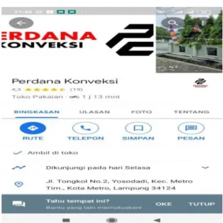 Gambar 3 Google Ma p Perdana Konveksi  https: //maps.app.goo.gl/ija6T7whWkcjgqFs6  4.  Pur Konveksi 