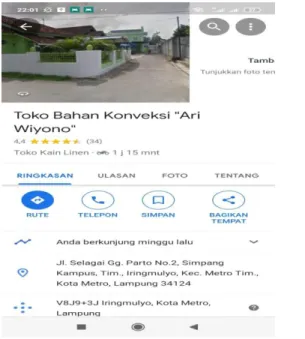 Gambar 11 Google Ma p Ariwiyono Konveksi  https: //maps.app.goo.gl/KK4MPCPcEqWr5fHUA 