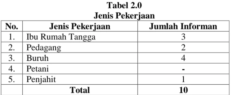 Tabel 2.0  Jenis Pekerjaan 