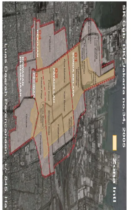 Fig. 2. The Zones of Jakarta Old Town’s area from Zone 1-Sunda Kelapa, Zone 2-Fatahillah Square,  Zone 3-Pecinan or China Town, Zone 4- Pekojan or Kampung Arab, Zone 5-Kawasan Peremajaan or  Rejuvenation’s Area