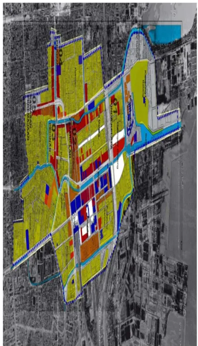 Fig. 5. The above map shows buildings within the area of Jakarta Old Town with Grade A (blue  color), Grade B (red color), Grade C (orange color) and Grade D (yellow color) 