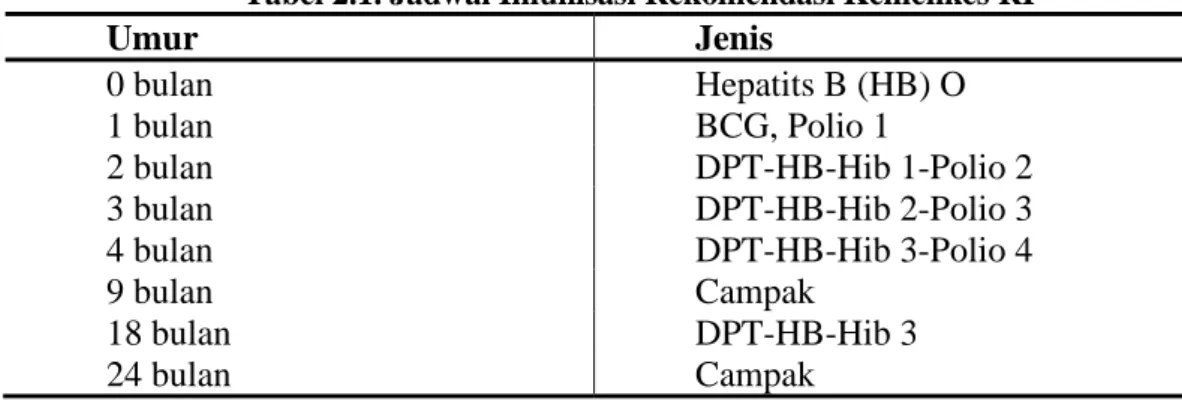 Tabel 2.1. Jadwal Imunisasi Rekomendasi Kemenkes RI  