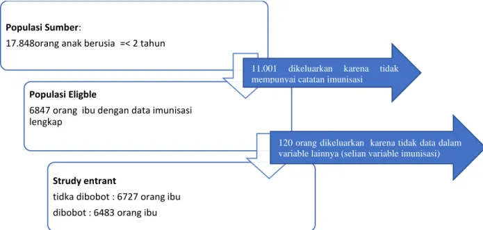 Gambar 4.1. Bagan Pemilihan Sampel Dalam Penelitian Pengaruh Peran Keluarga dan  Akses Media Terhadap Kelengkapan Imunisasi Dasar di Indonesia (Analisis Data SDKI 2017) 