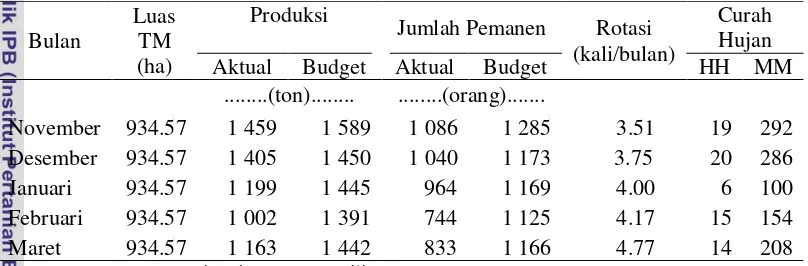 Tabel 4. Perbandingan Produksi, Jumlah Pemanen, Rotasi dan Curah Hujan 