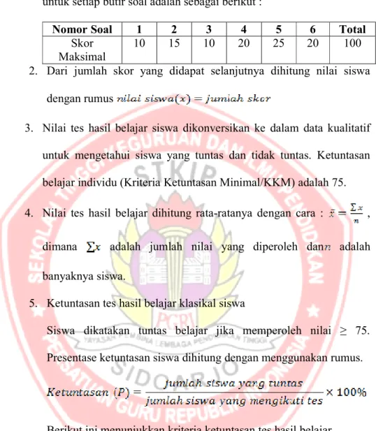 Tabel 3.5. Kriteria Ketuntasan Tes Hasil Belajar 
