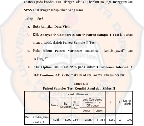 Tabel 4.11Paired Samples Test Kondisi Awal dan Siklus II