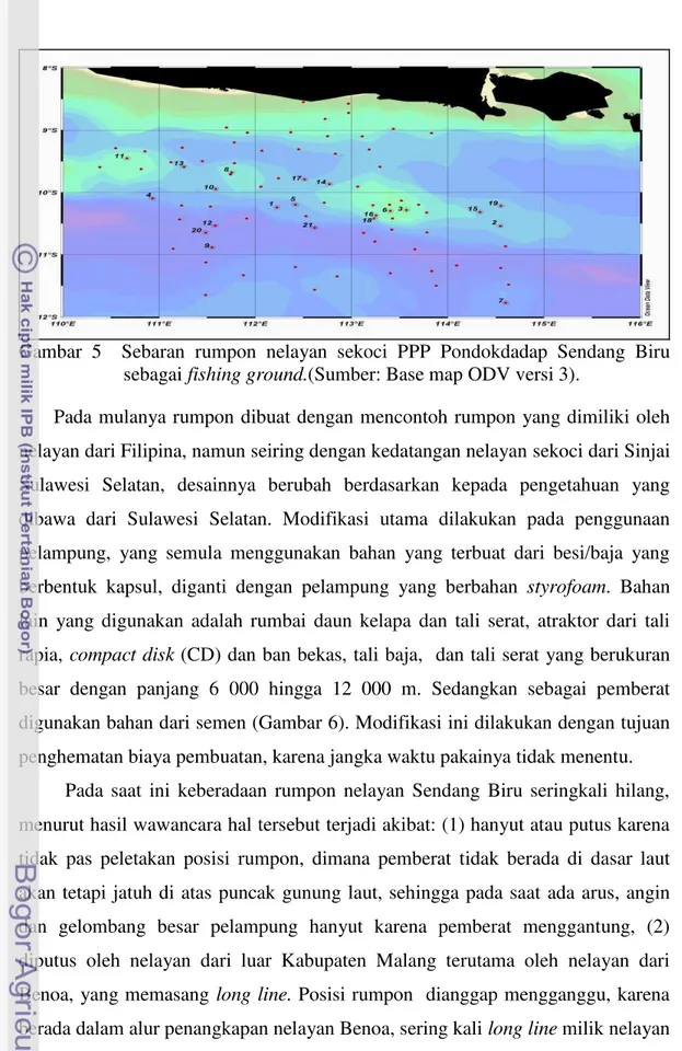 Gambar  5    Sebaran  rumpon  nelayan  sekoci  PPP  Pondokdadap  Sendang  Biru  sebagai fishing ground.(Sumber: Base map ODV versi 3)