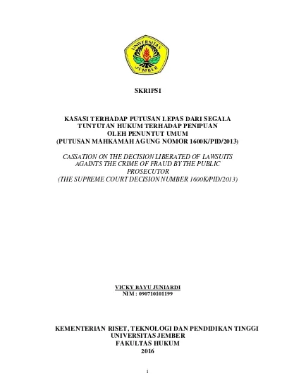 KASASI TERHADAP PUTUSAN LEPAS DARI SEGALA TUNTUTAN HUKUM TERHADAP ...