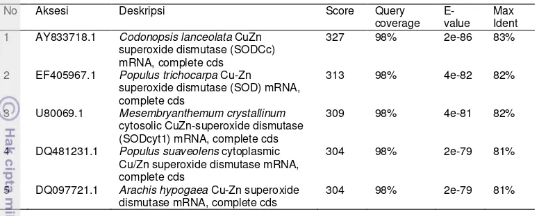 Tabel 2.  Analisis kesejajaran fragmen nukleotida MmCuZn-SOD dengan program BLASTn. 