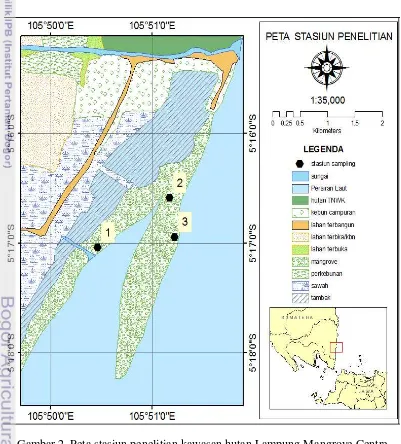 Gambar 2  Peta stasiun penelitian kawasan hutan Lampung Mangrove Centre  
