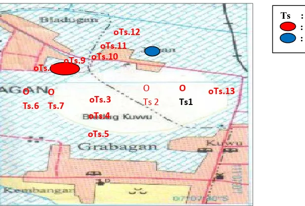 Gambar 2.  Peta lokasi penelitian  dilengkapi dengan daerah titik sounding,  Bledug besar, dan Bledug kecil 