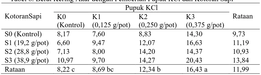 Tabel 6. Berat Kering Akar dengan Pemberian Pupuk KCl dan Kotoran Sapi  Pupuk KCl 