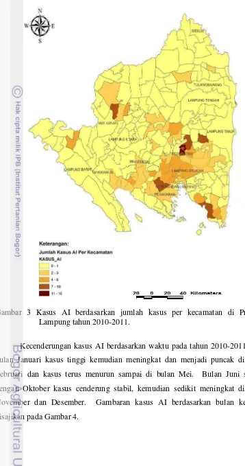 Gambar 3 Kasus AI berdasarkan jumlah kasus per kecamatan di Provinsi 