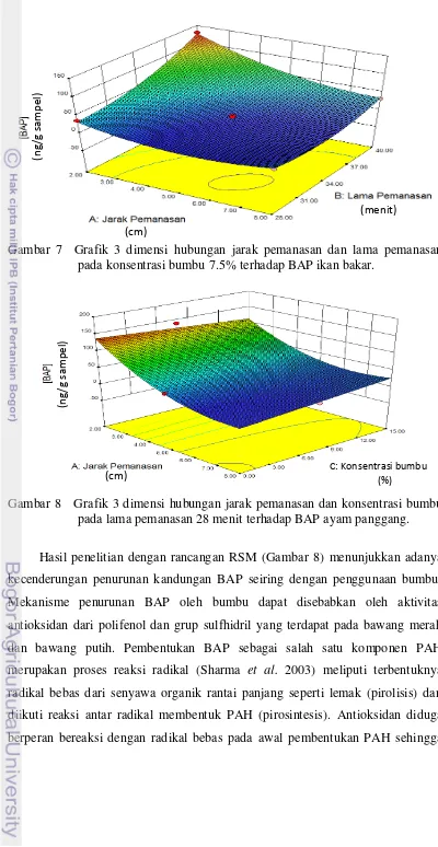 Gambar 7  Grafik 3 dimensi hubungan jarak pemanasan dan lama pemanasan 