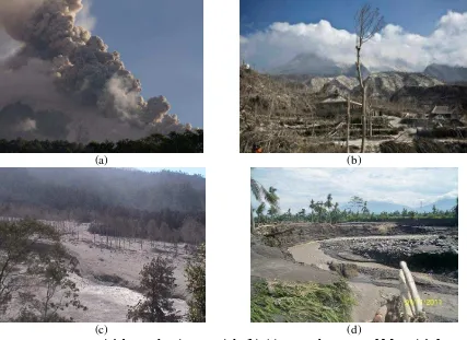 Figure 2. (a) Merapis’ hot volcanic material, (b)-(c) great damages of Merapis’ forest caused by hot volcanic materials, (d) shifting of land and river condition
