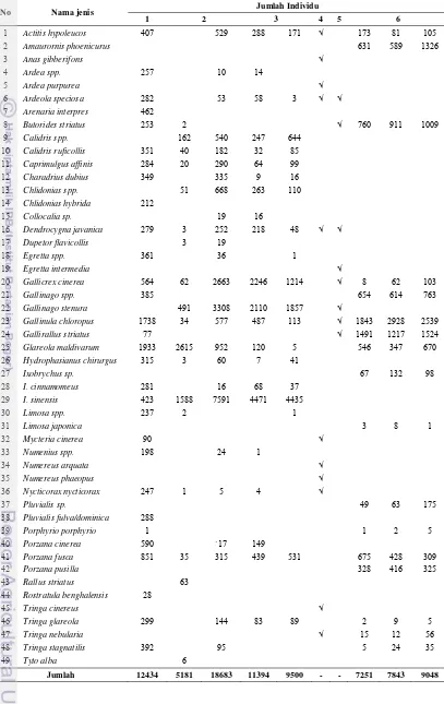 Tabel 1  Jumlah individu burung yang diburu pada beberapa penelitian di wilayah Indramayu 