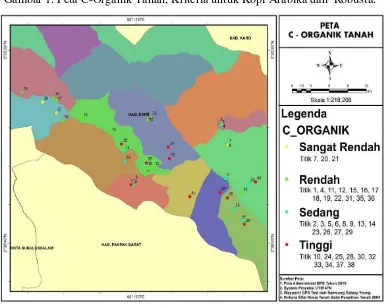 Gambar 1. Peta C-Organik Tanah, Kriteria untuk Kopi Arabika dan  Robusta. 
