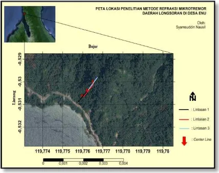 Gambar 1.  Posisi lintasan survai seismik mikrotremor di Enu 