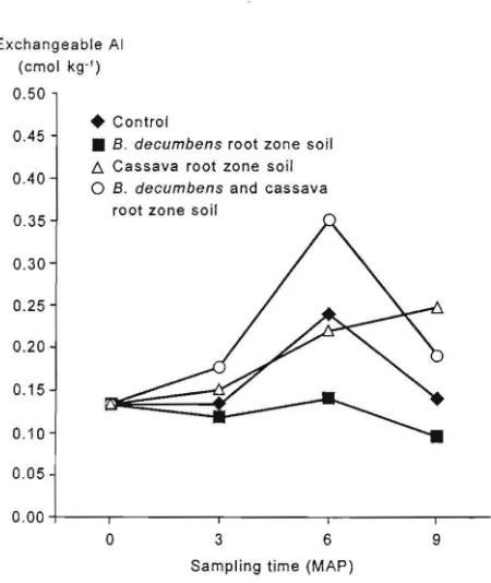 Fig. 2. 6 and 9 months after planting (MAP), Tegineneng, Lampung, April decumbens root zone, cassava root zone, and soil affected by Exchangeable AI of soil in Brachiaria decumbens B