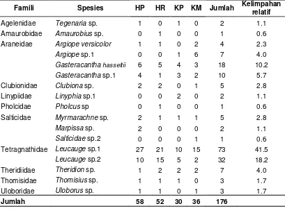 Tabel 1. Spesies dan jumlah laba-laba yang ditemukan pada lokasi penelitian 