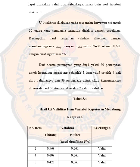 Tabel 3.4 Hasil Uji Validitas Item Variabel Keputusan Menabung 