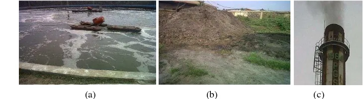 Gambar 18. Jenis limbah PG Subang : (a) limbah cair di bak ekualisasi, (b) limbah padat              (Blotong), dan (c) limbah udara (Emisi gas boiler)