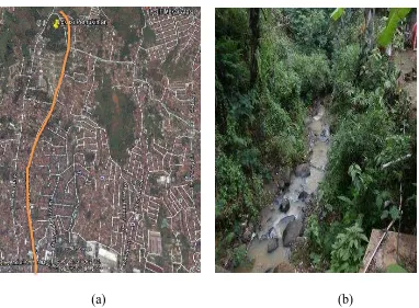 Gambar 3.4 (a) Peta Lokasi Pemukiman dan (b) DAS Cilaja bagian hulu  Sumber: Google Earth dan Dokumentasi pribadi, 2014  