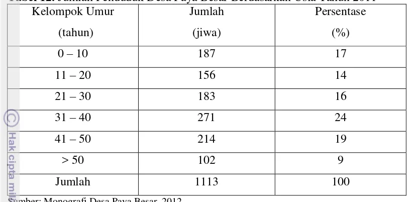 Tabel 12. Jumlah Penduduk Desa Paya Besar Berdasarkan Usia Tahun 2011 
