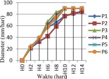 Gambar 1 Grafik pertumbuhan koloni perlakuan.Grafik menunjukan hubungan antara waktu dan pertambahan diameter kolonimiselium P