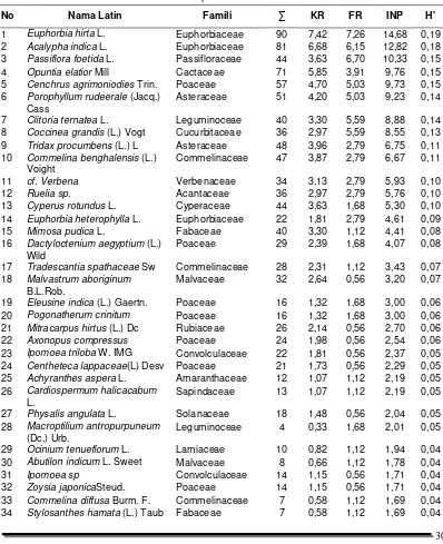 Tabel 2. Indeks Nilai Penting (INP) dan Indeks Keanekaragaman Jenis (H’) jenis tumbuhan herba di areal kampus Universitas Tadulako Palu 
